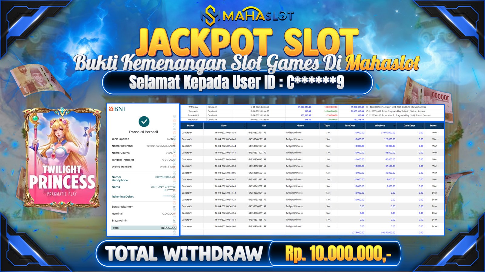 MAHASLOT JACKPOT SLOT GAMES TWILIGHT PRINCESS Rp. 10.000.000,- LUNAS
