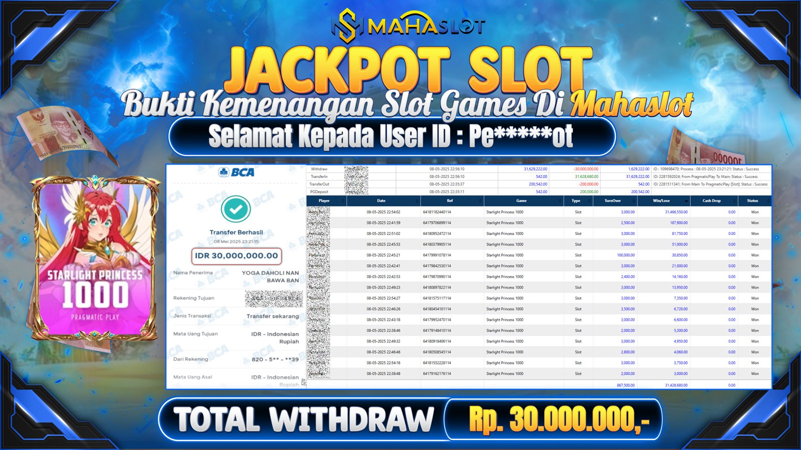 MAHASLOT JACKPOT SLOT GAMES STARLIGHT PRINCESS 1000 Rp. 30.000.000,- LUNAS