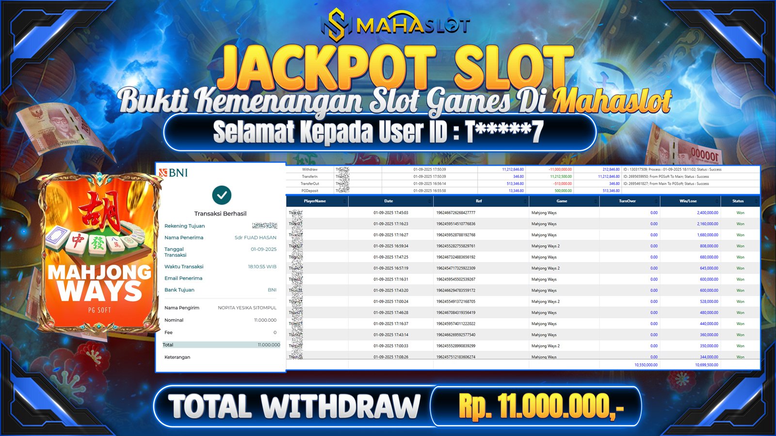 MAHASLOT JACKPOT SLOT GAME MAHJONG WAYS Rp. 11.000.000,- LUNAS