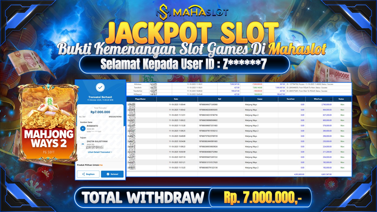 MAHASLOT JACKPOT SLOT GAME MAHJONG WAYS 2 Rp. 7.000.000,- LUNAS