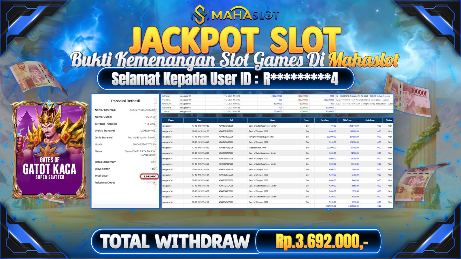 MAHASLOT JACKPOT SLOT GAME GATES OF GATOT KACA SUPER SCATTER Rp. 3.692.000,- LUNAS
