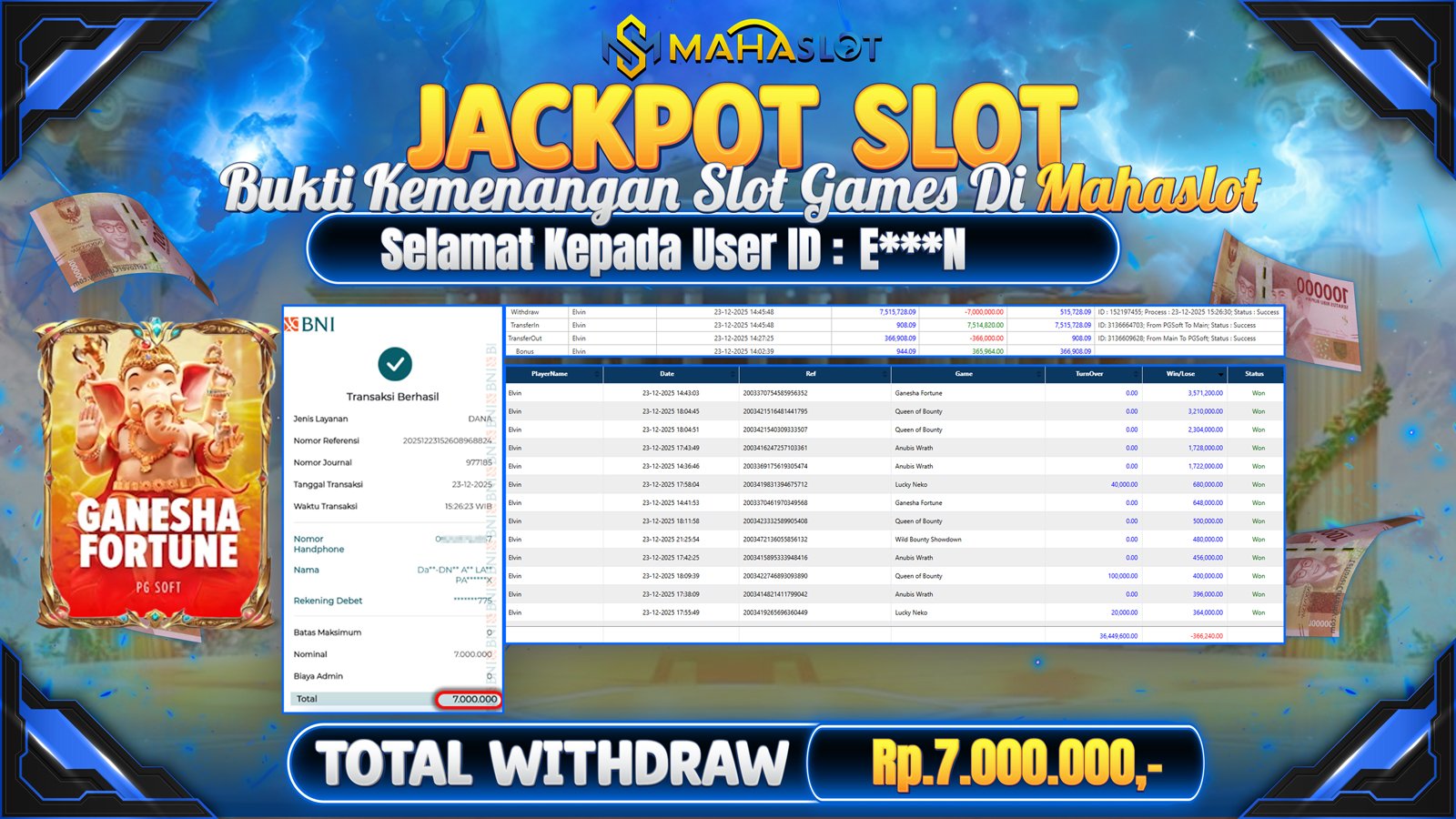 MAHASLOT JACKPOT SLOT GAME GANESHA FORUNE Rp. 7.000.000,- LUNAS
