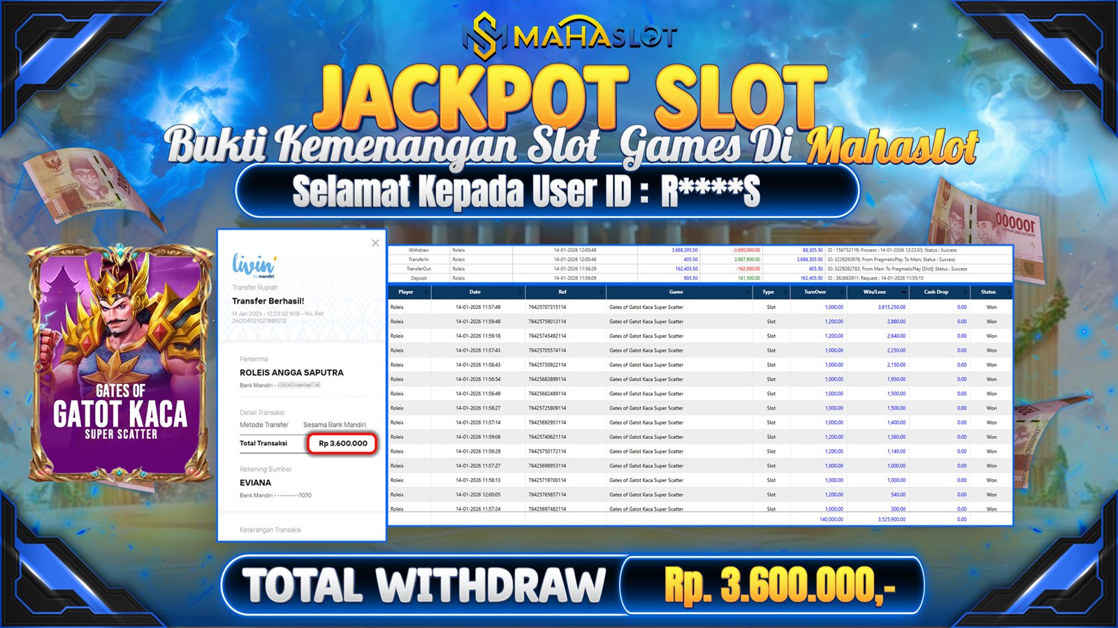 MAHASLOT JACKPOT SLOT GATES OF GATOT KACA SUPER SCATTER Rp. 3.600.000,- LUNAS