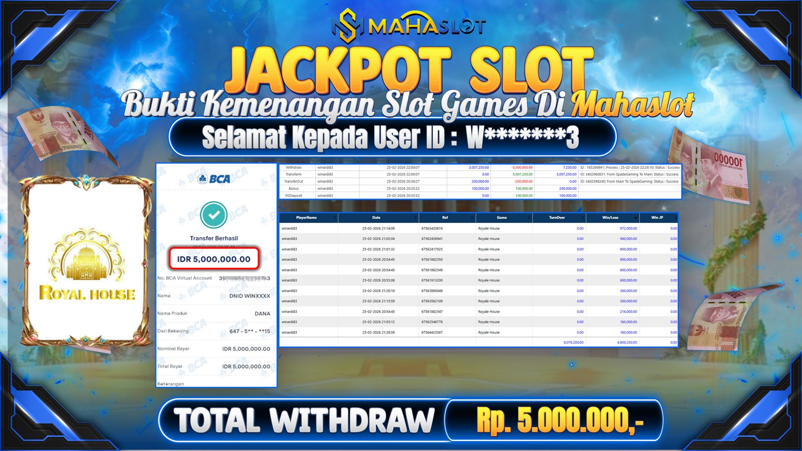 MAHASLOT JACKPOT SLOT GAME ROYAL HOUSE Rp. Rp.5.000.000,- LUNAS