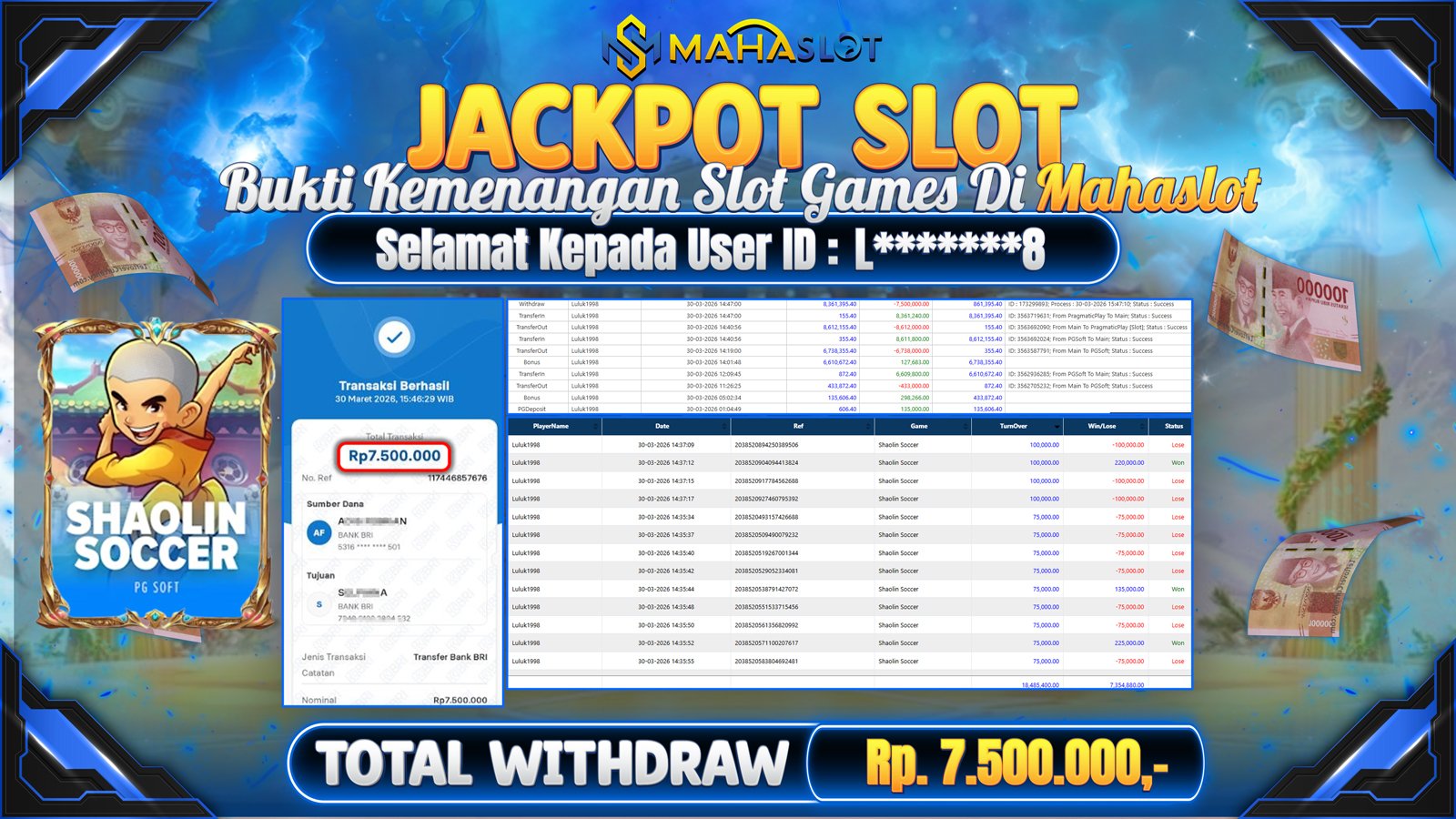 MAHASLOT JACKPOT SLOT GAME SHAOLIN SOCCER Rp. Rp.7.500.000,- LUNAS