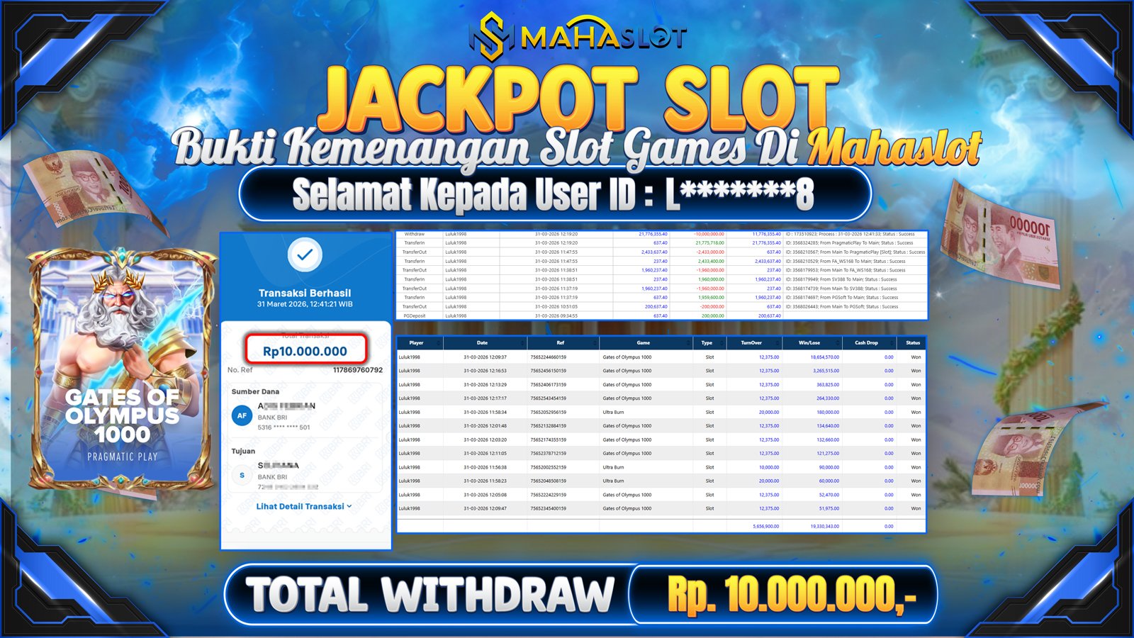 MAHASLOT JACKPOT SLOT GAME GATES OF OLYMPUS 1000 Rp. Rp.10.000.000,- LUNAS